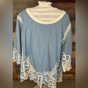 Chico's Blue Tunic Top with White Lace Trim Size 3xl
